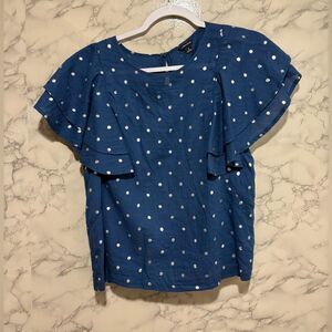 NEW J. Crew Blue Blouse with Silver Polka Dots Size S